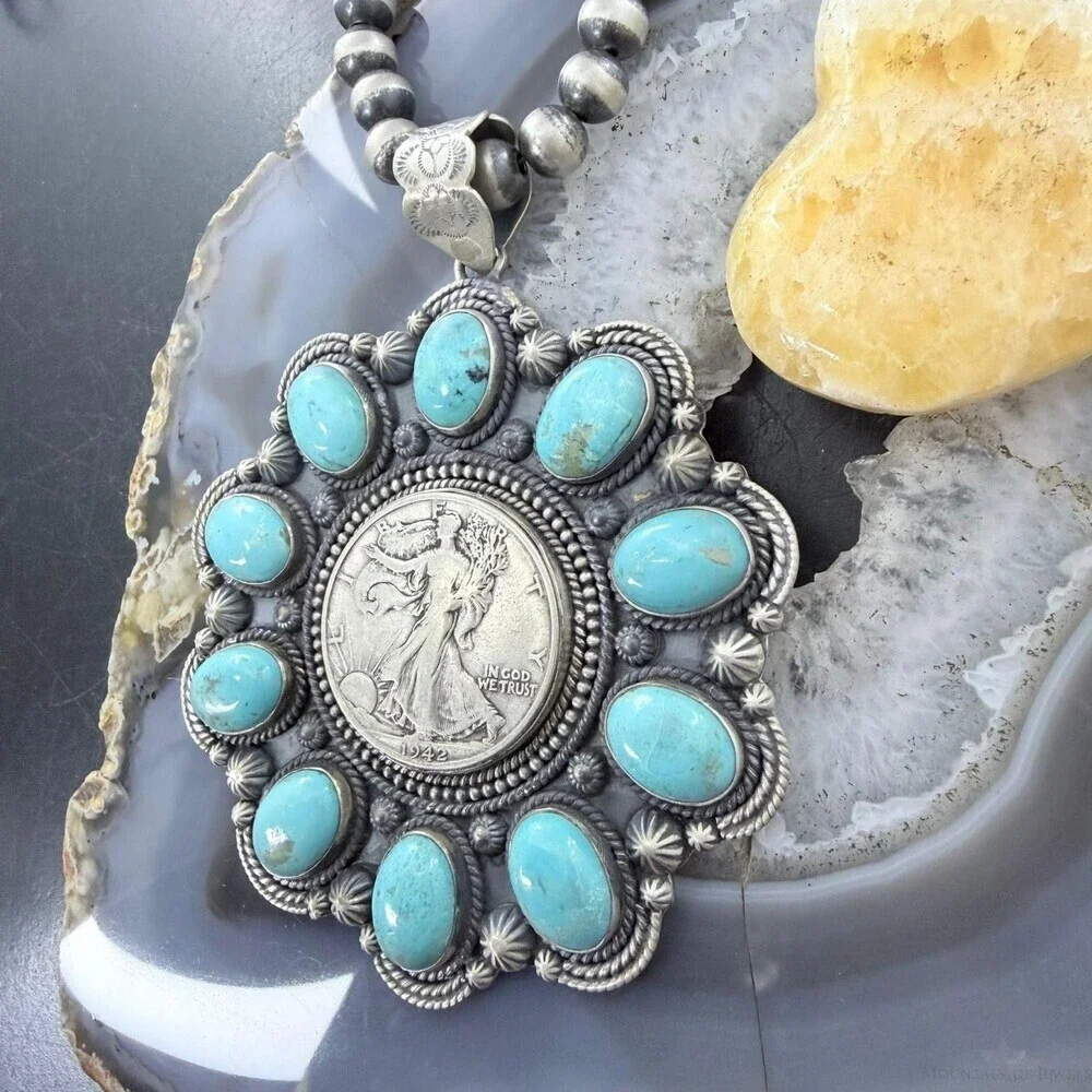 Genuine 1942 90% Silver Walking Liberty Half Dollar Coin w/Turquoise Uni Pendant - Picture 4 of 11